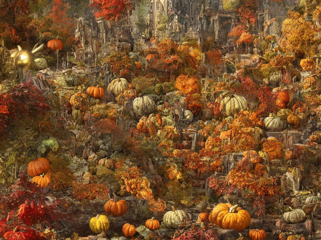 Image similar to autumn cannibalism in ancient city art by ernst haeckel, fractal, hypermaximalism unreal render engine 8 k