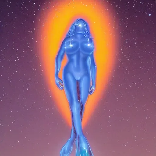 Image similar to a giant beautiful glowing blue woman floating in the night sky