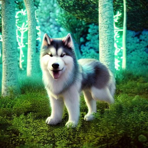 Image similar to flower alaskan malamute playing in a bioluminescent forest at dusk, octane render, unreal engine, colorful, beautiful