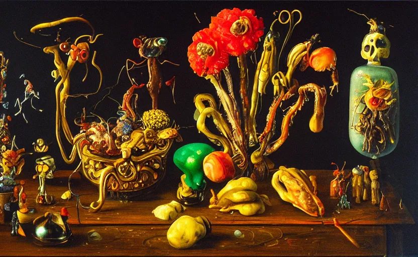 Prompt: disturbing colorful oil painting dark background dutch golden age vanitas still life weird flowers beautiful composition with bizarre objects strange gooey transparent surfaces shiny metal reflections bizarre mutant meat insects rachel ruysch dali todd schorr very detailed perfect composition rule of thirds masterpiece canon 5 0 mm, cinematic lighting, photography, retro, film, kodachrome