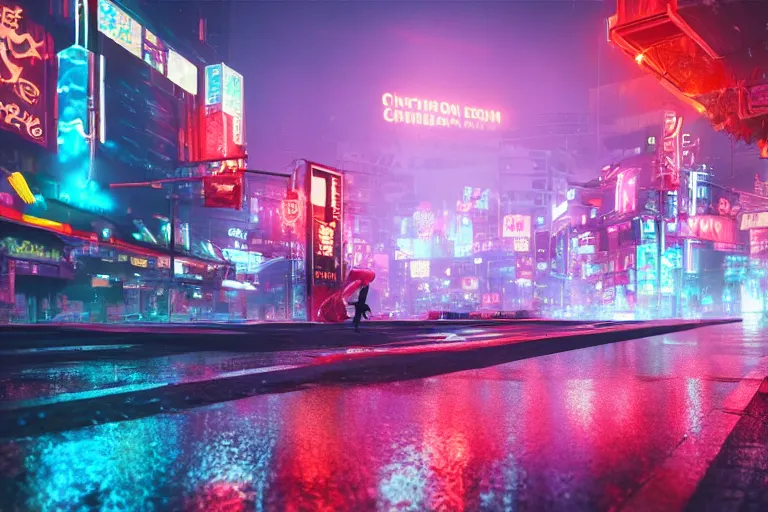 Prompt: cinematic wide angle shot of a neon cybernectic chinese dragon, midnight city lights, rain puddles, strong bokeh, dramatic lighting, unreal engine, cgsociety, artstation, 4k