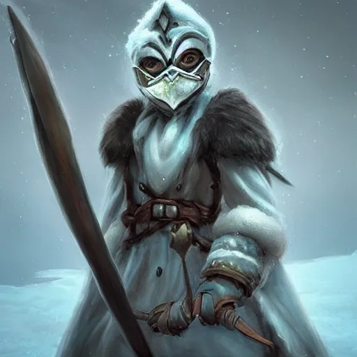 Image similar to “ fantasy snow bandit ‘ icewind dale ’ with mask, bow and quiver on back and left leg, digital portrait by justin sweet, soft focus, highly detailed, cinematic, epic, artstation ”