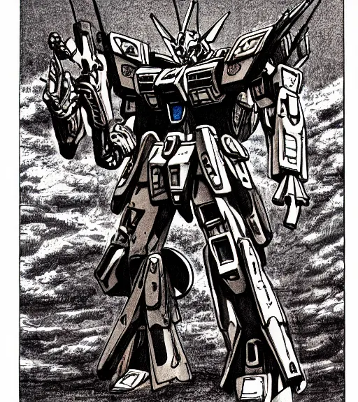 Prompt: a gundam made of bones as a d & d monster, pen - and - ink illustration, etching, by russ nicholson, david a trampier, larry elmore, 1 9 8 1, hq scan, intricate details, high contrast