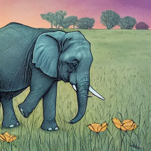 a elephant holding a flower with its trunk on a green, Stable Diffusion