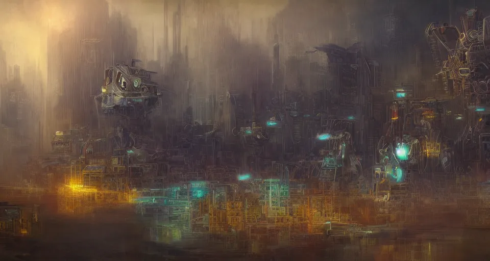 Prompt: Mech robot city. By Joseph Mallord William Turner, fractal flame, highly detailded