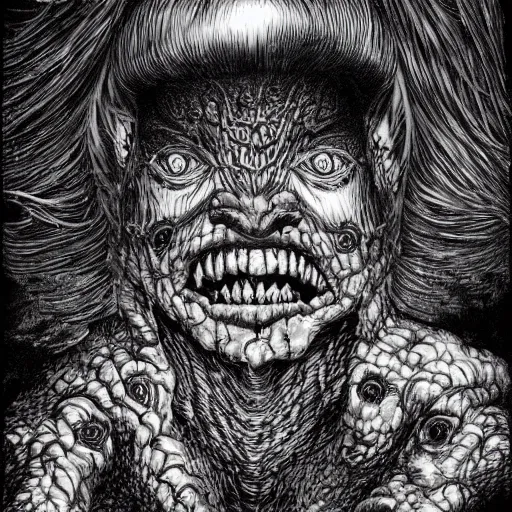 Prompt: the hills have eyes by kentaro miura, hyper-detailed