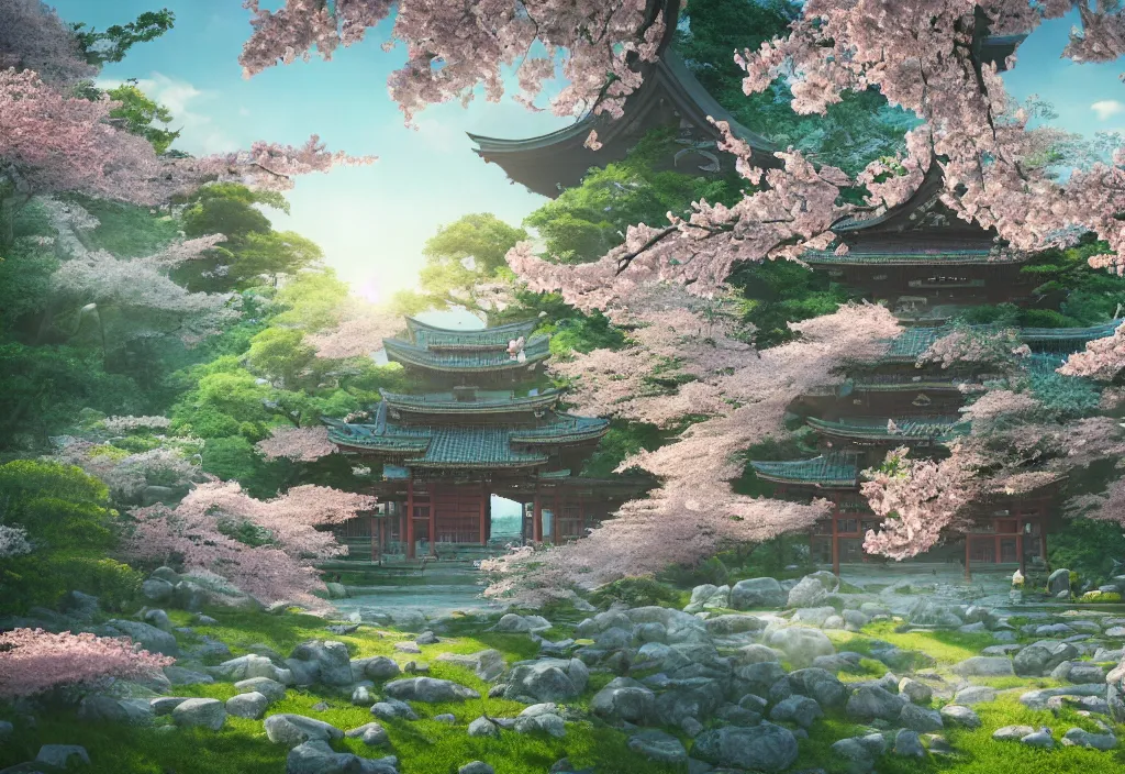 Image similar to An ancient shinto temple from Feudal Japan, cherry blossom trees, temple ruins, plant vegetation, fluffy clouds, sun rays, hyper realistic, high details, vivid colors, intricate details, artstation, octane, 8k