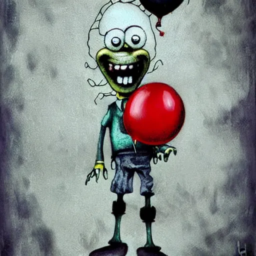 Image similar to grunge painting of spongebob with a wide smile and a red balloon by chris leib, loony toons style, pennywise style, corpse bride style, horror theme, detailed, elegant, intricate