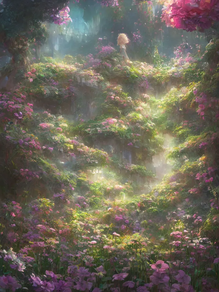 Prompt: a dream flower garden environment where one draws mystical energy into their lives, background art, pristine concept art, small, medium and large design elements, in the style of WLOP and Ross Tran