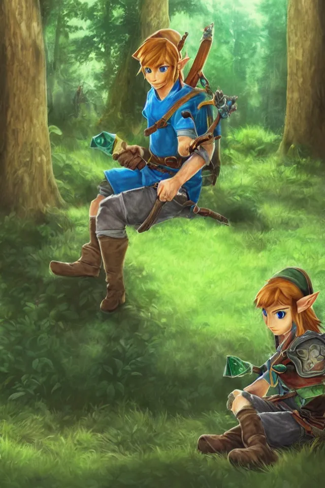 Image similar to a photorealistic portrait of link sitting in woods of hyrule playing ocarina, with a ultra detailed texture and a dreamy atmosphere, hdr, cinematic scene, beautiful light