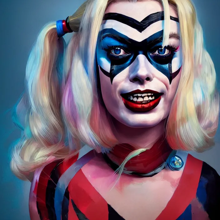 Image similar to portrait of Margot Robbie as a harley quinn. intricate abstract. intricate artwork. by Tooth Wu, wlop, beeple, dan mumford. octane render, trending on artstation, greg rutkowski very coherent symmetrical artwork. cinematic, hyper realism, high detail, octane render, 8k, iridescent accents