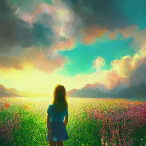 Image similar to girl with a flower face, surreal photography, dream, standing in flower field, in a valley, sunrise dramatic light, impressionist painting, colorful clouds, artstation, simon stalenhag