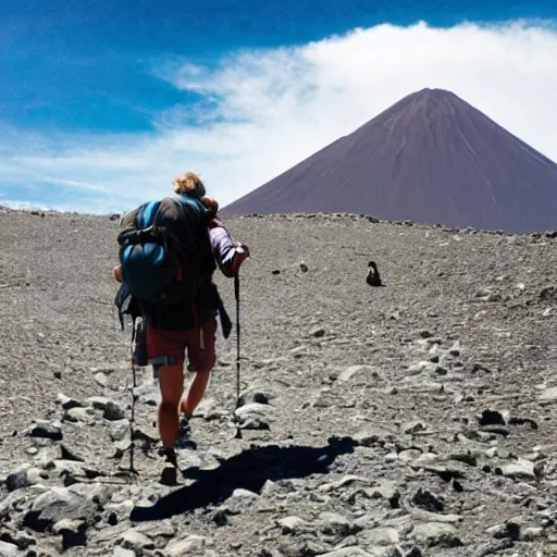 Prompt: one person with backpack hiking on mount doom, seagulls surrounding the mountain