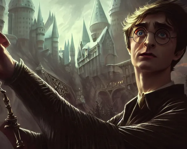 Prompt: a gaming screenshot still portrait of evil harry potter, deep focus, d & d, fantasy, intricate, elegant, highly detailed, digital painting, artstation, concept art, matte, sharp focus, illustration, dark fantasy style art, hearthstone, art by artgerm and greg rutkowski and alphonse mucha