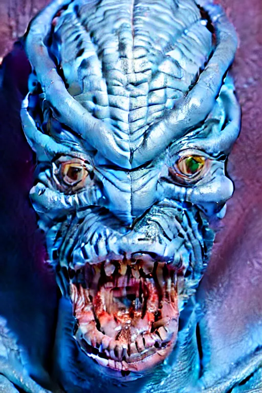 Image similar to hyperrealistic close-up pastel rococo alien! highly detailed concept art eric zener elson peter cinematic hard blue lighting high angle hd 8k sharp shallow depth of field, inspired by David Paul Cronenberg and Zdzisław Beksiński