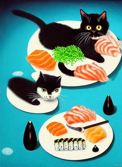 Image similar to clear surrealist painting of adorable cats made out of sushi