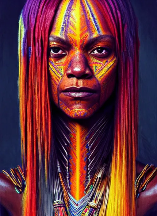 Image similar to portrait of zoe saldana, hyper detailed ultra sharp aztec shaman warrior. trending on artstation, warpaint aesthetic, bloodwave, colorful, psychedelic, ornate, intricate, digital painting, concept art, smooth, sharp focus, illustration, art by artgerm and greg rutkowski and h. r. giger, 8 k