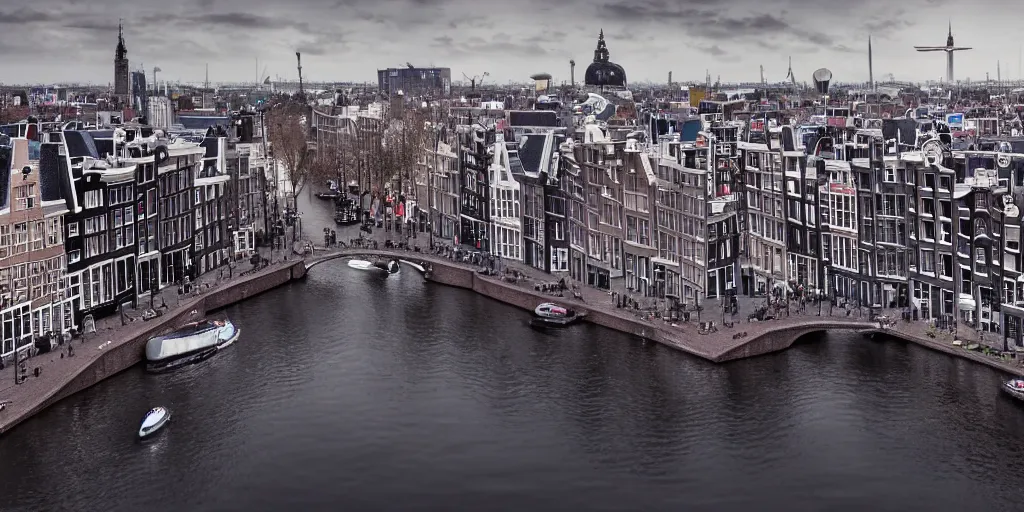 Prompt: futuristic photo of Amsterdam in a sci-fi style, 8K, hyper realistic, very detailed,