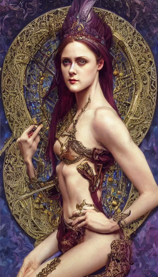 Image similar to a oil painting of a evan rachel wood queen, cute, fantasy, intricate, elegant, highly detailed, centered, digital painting, artstation, concept art, smooth, sharp focus, illustration, art by artgerm and h r giger and alphonse mucha