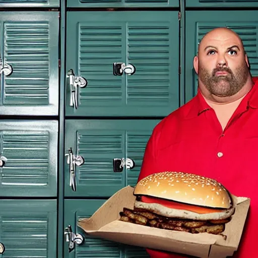 Prompt: promotional photo from storage hunters, a locker full of hamburgers, auction, movie still, cinematic,