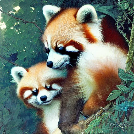 Prompt: cute red pandas in a tree, puppy eyes, digital art, hyperrealistic, greg rutkowski, alphonse mucha, lovely, pastel pink and blue sky