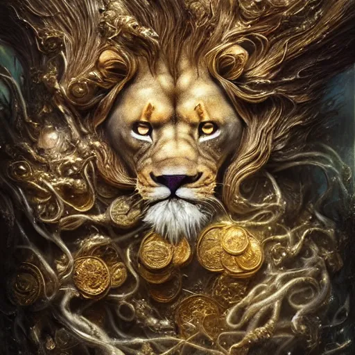 Image similar to a beautiful detailed 3 d matte portrait of a alchemist lion, by ellen jewett, by tomasz alen kopera, by justin gerard, ominous, magical realism, texture, intricate, skull, skeleton, gold coins, money, whirling smoke, alchemist bottles, radiant colors, fantasy, volumetric lighting, high details