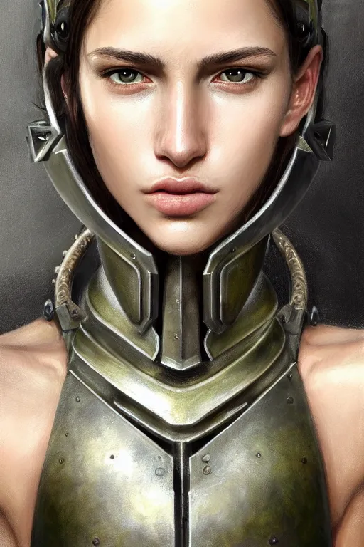 Image similar to a photorealistic painted portrait of an attractive young girl, partially clothed in dull metal-plated battle armor, olive skin, long dark hair, beautiful bone structure, symmetric facial features, facial markings, perfect photorealistic eyes, natural physique, intricate, elegant, digital painting, concept art, finely detailed, beautifully illustrated, sharp focus, minimal artifacts, from Metal Gear, by Ruan Jia and Mandy Jurgens and Artgerm and William-Adolphe Bouguerea, in the style of Greg Rutkowski, trending on Artstation, award winning