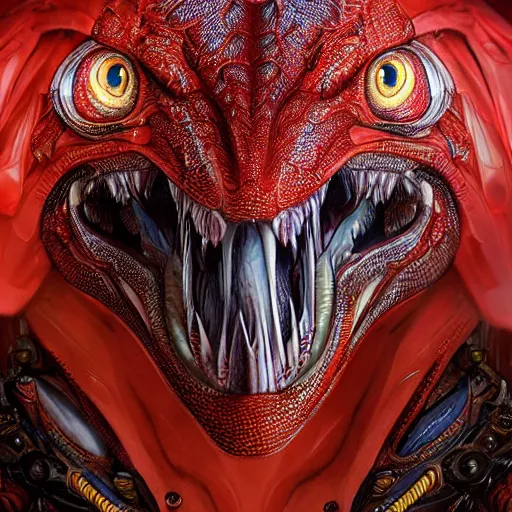 Image similar to 8k ultra realistic Illustration of a raptor with shining red eyes, detailed intricate ornate armour, decaing, cybernetic, full of colour, cinematic lighting, battered, trending on artstation, 4k, hyperrealistic, focused, extreme details, unreal engine 5, cinematic, masterpiece, art by ayami kojima, giger