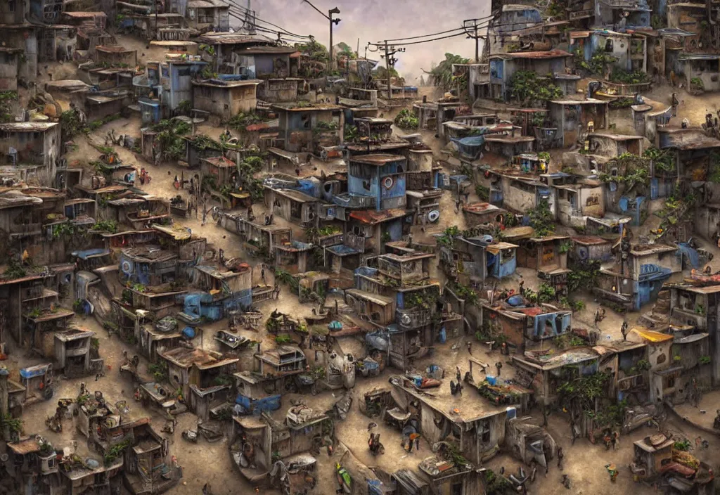 Image similar to photorealistic favela rio with precise rendered guns arsenal with intricate details of gun happy people in by Justin Gerard