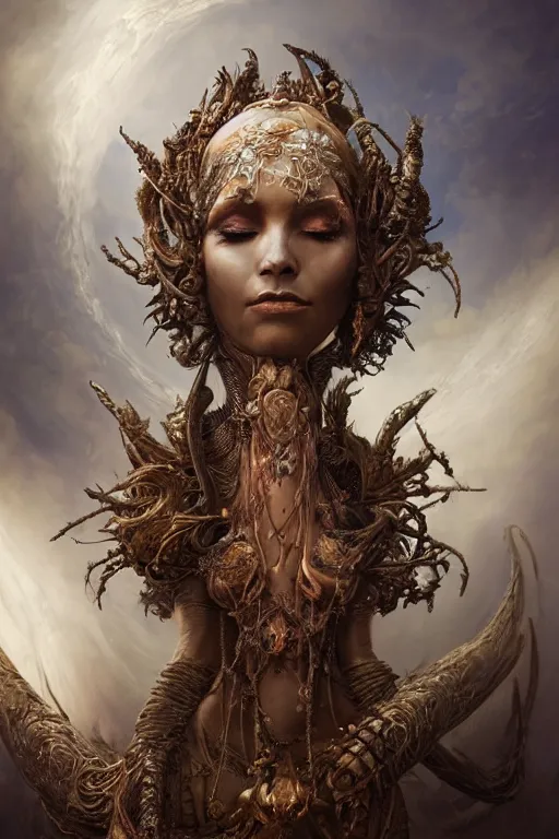 Image similar to alluring detailed cgi matte painting tanned female empress of the life and fertility, by ellen jewett, tomasz alen kopera and justin gerard | symmetrical, vivacious, realism, grunge, intricate, ornate, royally decorated, skull, skeleton, whirling smoke, glowing particles, colorful adornments, colorful torn fabric, radiant colors