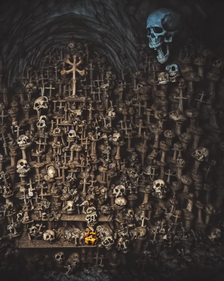 Image similar to full color, low wide shot of sedlec ossuary, bones, anime style mixed with fujifilm, dark, foggy, atmospheric, artstation, cgsociety, octane render, cgi, unreal engine 5, denoise, detailed, cinematic masterpiece