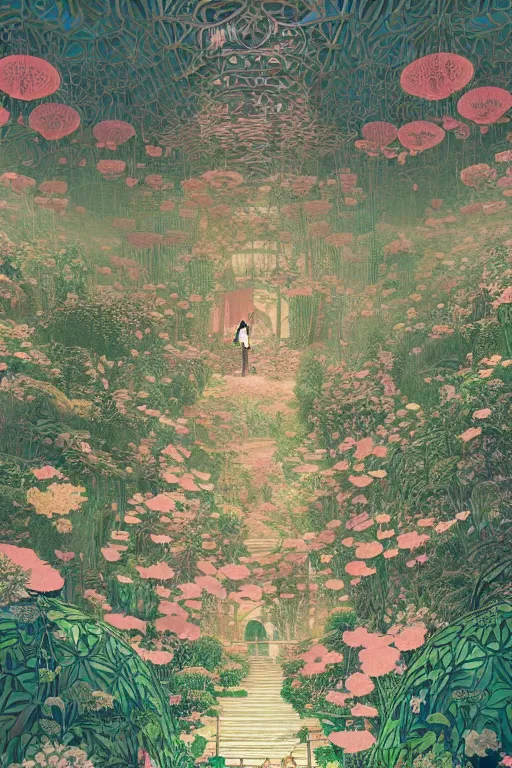 Image similar to a beautiful hyperdetailed matte illustration victo ngai style of absolutely beautiful blooming flower house, from china, perfectly shaded, atmospheric lighting, style of studio ghibli, makoto shinkai, raphael lacoste, louis comfort tiffany, artgerm, james jean, ross tran, chinese style