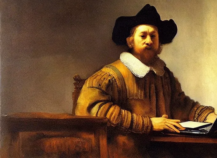Prompt: man and a laptop computer. painting by rembrandt