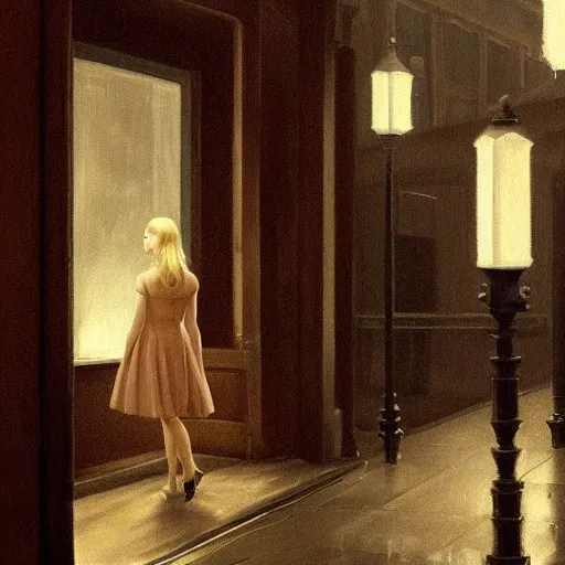 Prompt: Elle Fanning stalking her prey at night in the esoteric haunted world of Edward Hopper, stormy creepy weather, streetlights, love craft, Victorian, extremely detailed masterpiece, oil on canvas, low-key neon lighting, artstation, Blade Runner 2049, Roger Deakin’s cinematography, by J. C. Leyendecker and Peter Paul Rubens,