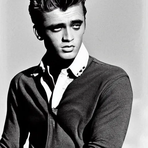 Image similar to genetic combination of james dean, elvis presley, sean connery, and frankenstein's monster. handsome man, prominent cheekbones, deep dimples, strong jaw, striking, hunk. face and upper body focus.