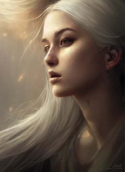 Image similar to girl with unkempt gold and silver hair, beautiful highly detailed face, complementary lighting, backlit, eyeshadow, divine, beautiful painting by artgerm and greg rutkowski and raymond swanland