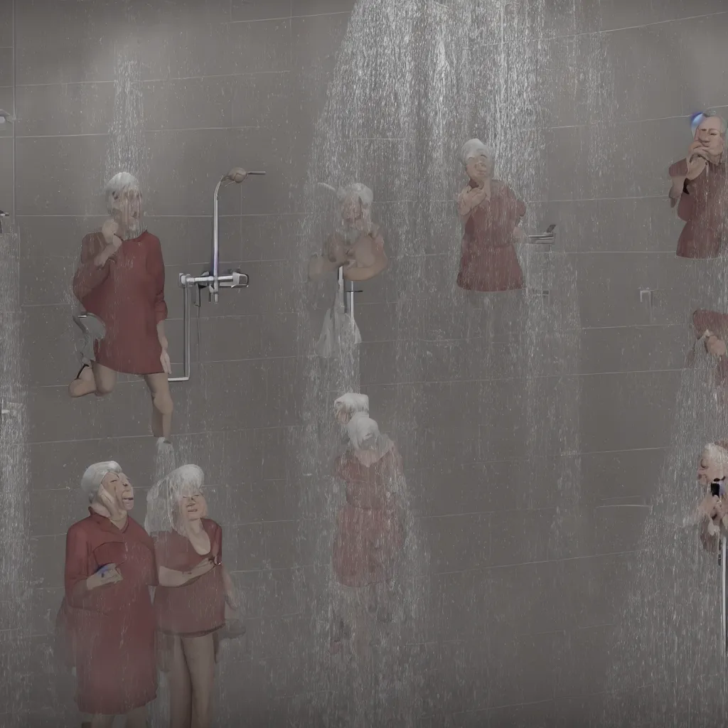 Image similar to Three old ladies shouting into a shower head, unreal engine, high detail