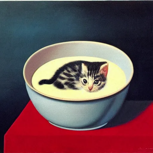 Image similar to rene magritte painting of a baby kitten inside of a bowl of soup