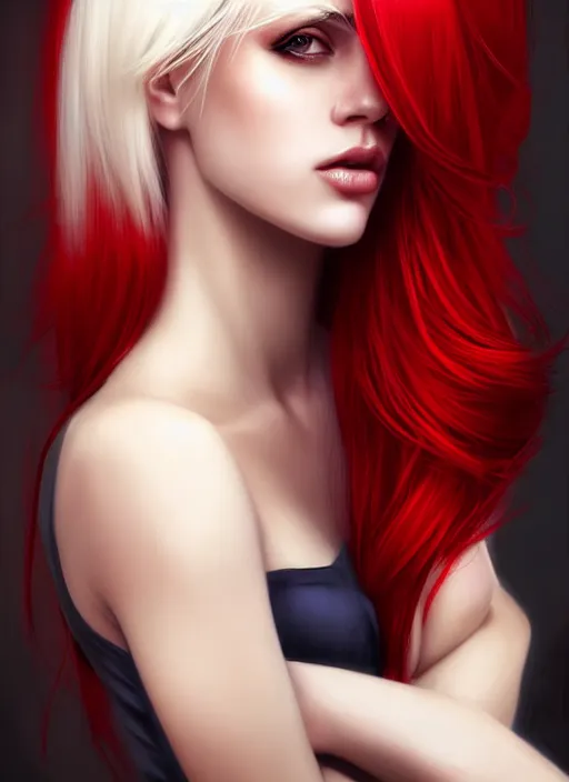 Image similar to photo of gorgeous woman with platinum blonde and red hair in the style of stefan kostic, realistic, half body shot, sharp focus, 8 k high definition, insanely detailed, intricate, elegant, art by stanley lau and artgerm, foggy backgeound