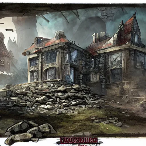 Prompt: rubble of collapsed mansion, dungeons and dragons, concept art, highly detailed art