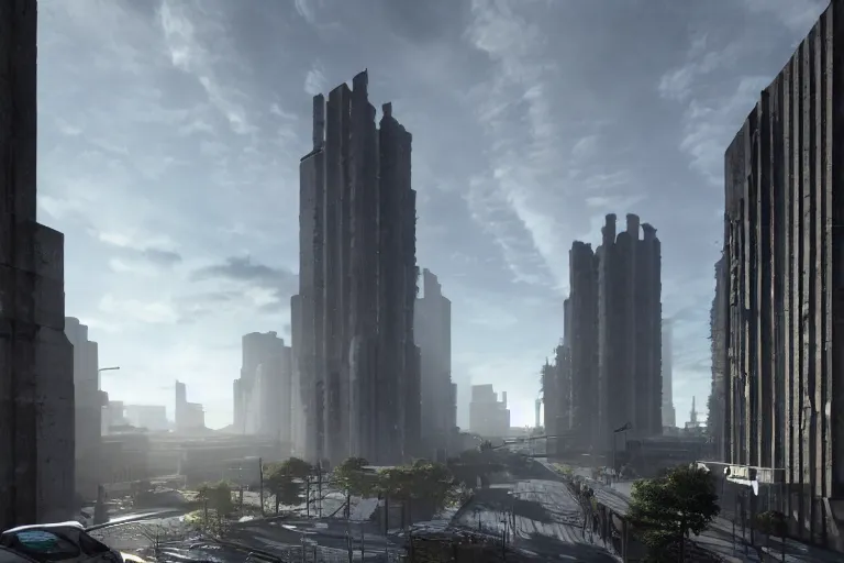 Image similar to streetscape, a towering cathedral of brutalist architecture, buildings covered with greebles, stunning volumetric light, sunset, metal, concrete and translucent material, stunning skies, majestic landscape, trending on Artstation, 8k, photorealistic, hyper detailed, unreal engine 5, IMAX quality, cinematic, epic lighting, in the style of Greg Rutkowski