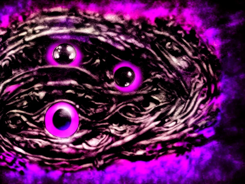Image similar to highly detailed photo of psychedelic dilated pupil, trending on deviantart, black and purple, neo surrealism, sharp focus, a lot of little details, octane, masterpiece, art by max ernst