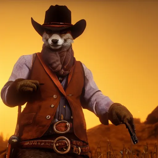 Image similar to video game screenshot of an anthropomorphic fox wearing western clothing as a character in red dead redemption 2