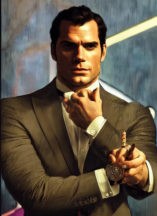 Image similar to portrait of henry cavill as james bond, casino, poker cards, highly detailed, digital painting, artstation, concept art, cinematic lighting, sharp focus, illustration, by gaston bussiere alphonse mucha