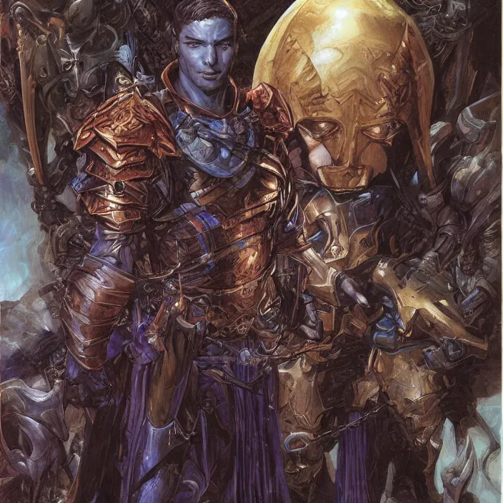 Image similar to a fantasy comic book style portrait painting of a male paladin, art by donato giancola and bayard wu and gustav moreau and wayne barlowe