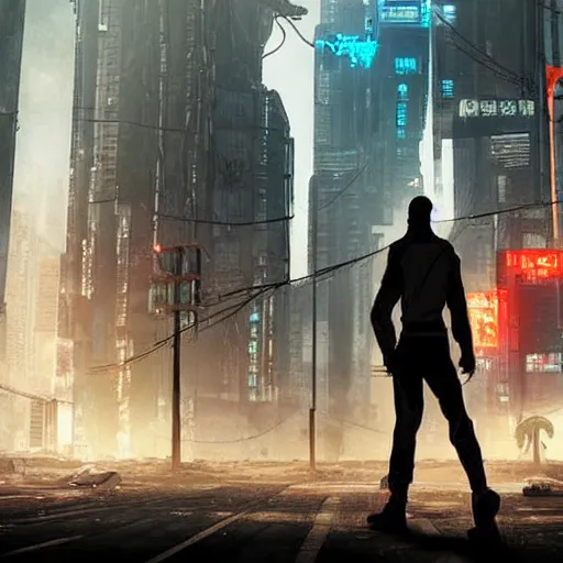 Image similar to the last man standing is on an empty street in an abandoned cyberpunk city