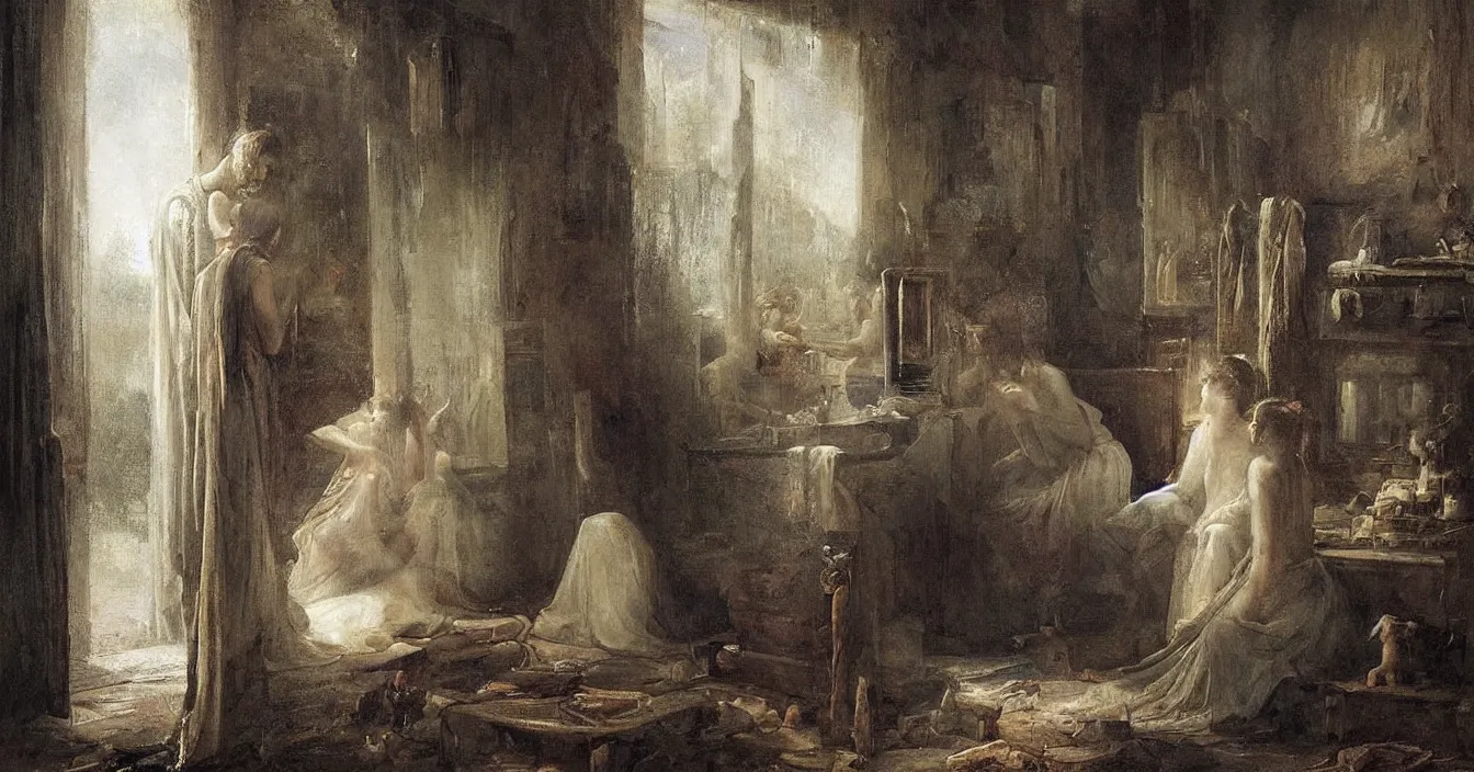 Image similar to secret world behind mirror with very deep stillness atmosphere, dimension of still moment, spiritual style, digital art, by augustus edwin mulready