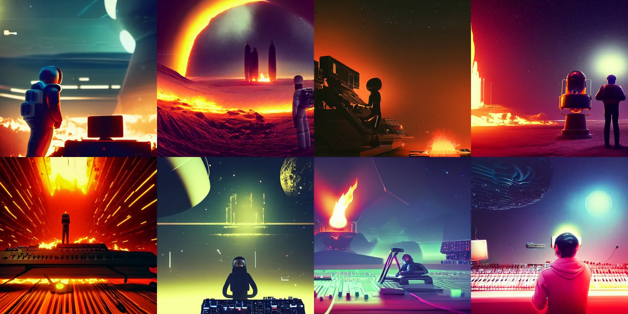 Prompt: beautiful dark landscape, astronaut looking at a giant old analog synthesizer with keyboard on fire, in the style of beeple and Mike Winkelmann, photo real, ultra realistic, intricate, epic lighting, 8k resolution,