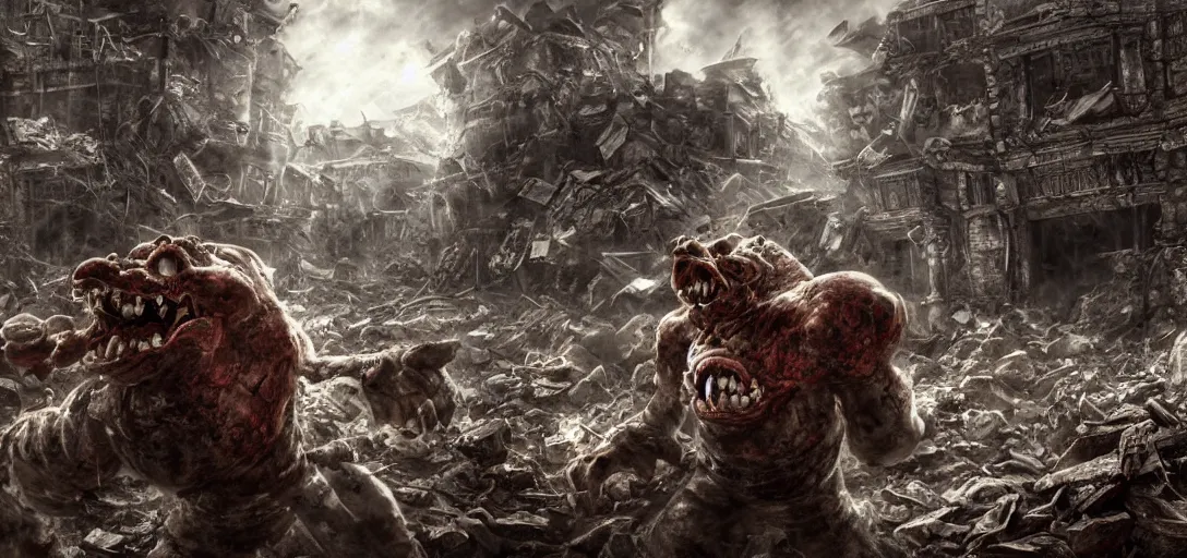 Image similar to super mario hiding behind a brick wall from Giga Bowser in the distance in a destroyed kingdom, Resident Evil virus concept art, highly detailed, horror, scary, terrifying, horrific, hd 4k