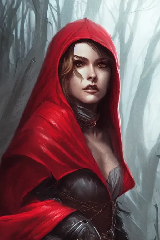 Image similar to thief red riding hood, d & d, fantasy, portrait, highly detailed, digital painting, trending on artstation, concept art, sharp focus, illustration, art by artgerm and greg rutkowski and magali villeneuve